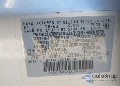 2020 Nissan Versa S Xtronic Cvt z USA, uszkodzony, nr VIN 3N1CN8DVXLL881237